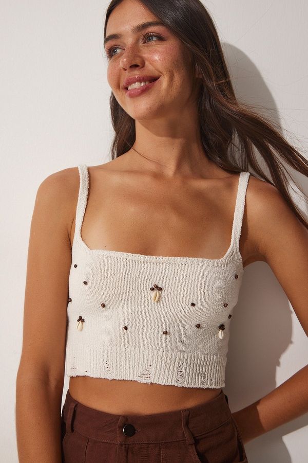 Happiness İstanbul Happiness İstanbul Women's Cream Oyster Stone Crop Knitwear Blouse