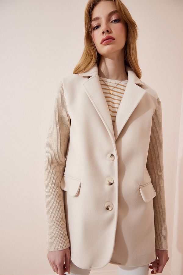 Happiness İstanbul Happiness İstanbul Women's Cream Shawl Collar Knitwear Sleeve Detail Cachet Coat