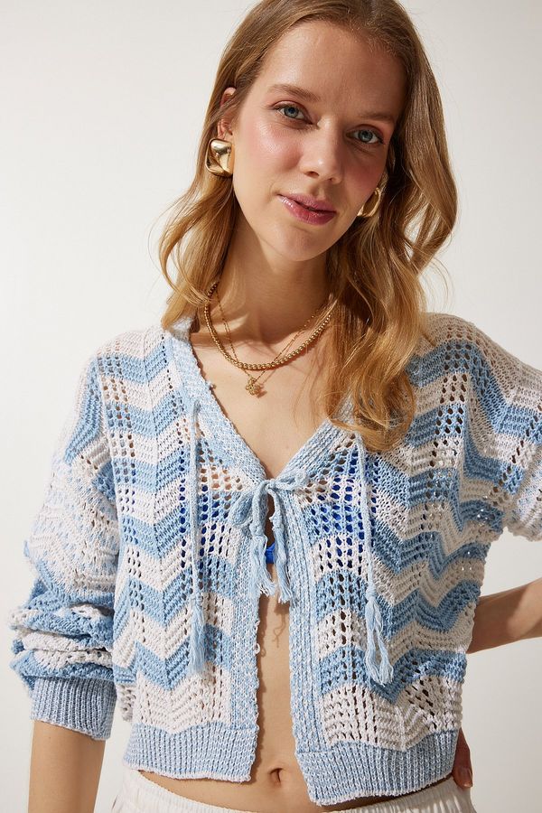 Happiness İstanbul Happiness İstanbul Women's Cream Sky Blue Striped Openwork Seasonal Knitwear Cardigan