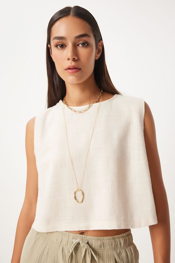 Happiness İstanbul Happiness İstanbul Women's Cream Sleeveless Linen Blouse