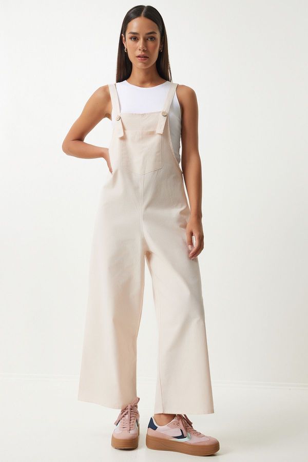 Happiness İstanbul Happiness İstanbul Women's Cream Strappy Thin Gabardine Summer Gardener Overalls