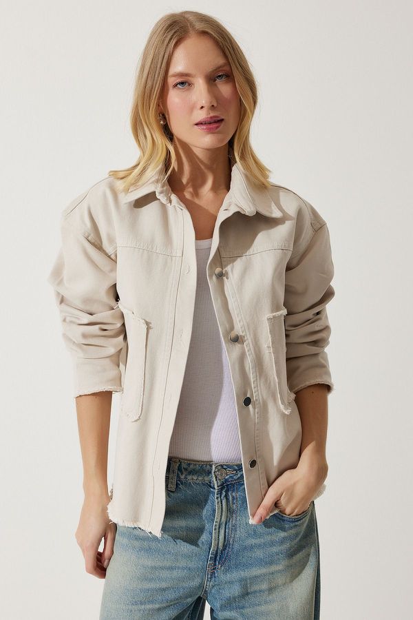 Happiness İstanbul Happiness İstanbul Women's Cream Wide Pocket Oversize Gabardine Jacket