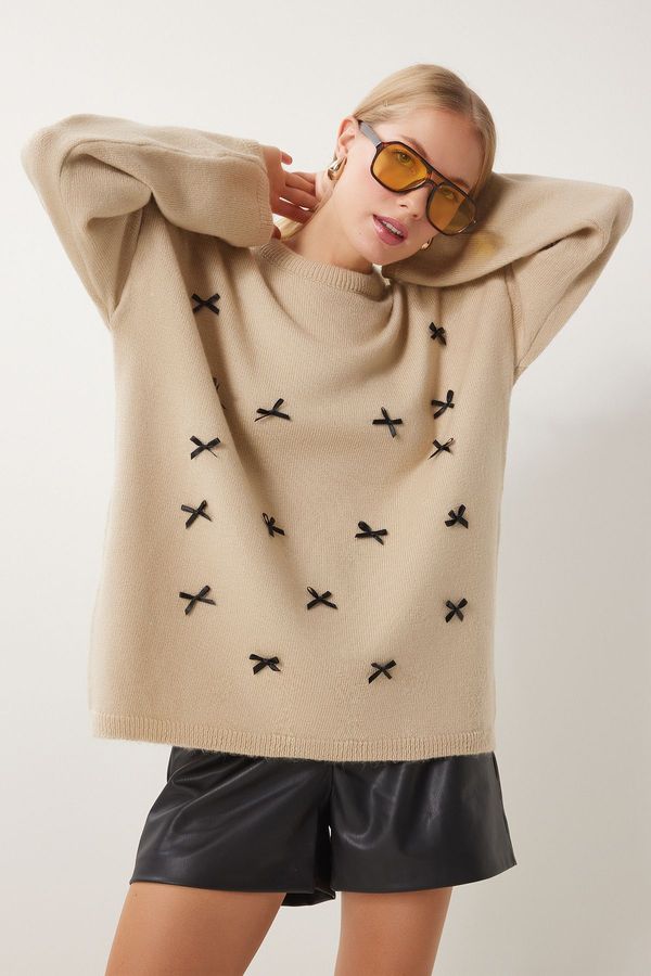 Happiness İstanbul Happiness İstanbul Women's Dark Beige Bow Detail Oversize Knitwear Sweater