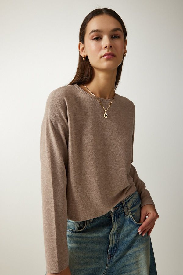 Happiness İstanbul Happiness İstanbul Women's Dark Beige Soft Textured Crop Knitted Blouse