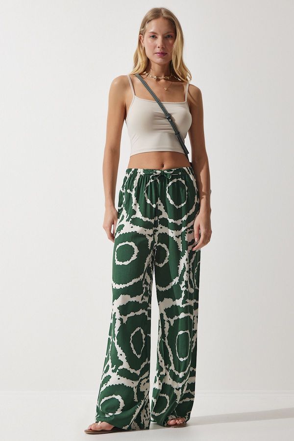 Happiness İstanbul Happiness İstanbul Women's Dark Green Cream Patterned Flowing Viscose Palazzo Trousers