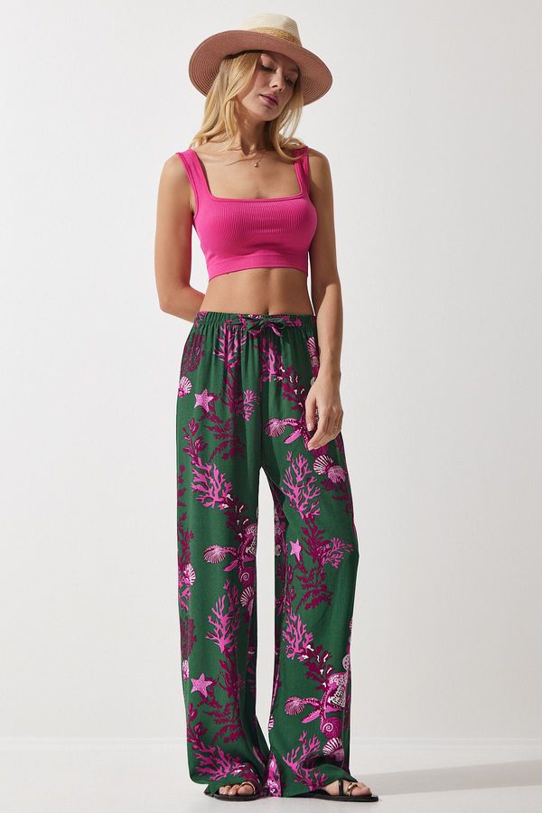 Happiness İstanbul Happiness İstanbul Women's Dark Green Fuchsia Patterned Flowing Viscose Palazzo Trousers
