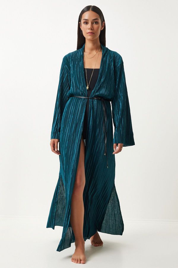 Happiness İstanbul Happiness İstanbul Women's Dark Green Leather Belted Pleated Long Kimono