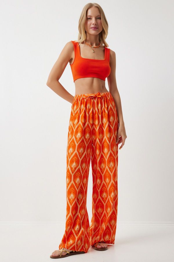 Happiness İstanbul Happiness İstanbul Women's Dark Orange Patterned Loose Viscose Palazzo Trousers