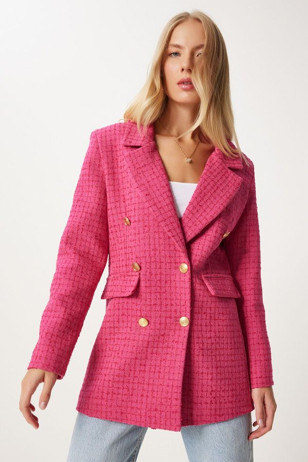 Happiness İstanbul Happiness İstanbul Women's Dark Pink Buttoned Blazer Tweed Jacket