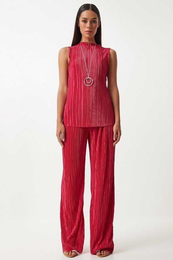 Happiness İstanbul Happiness İstanbul Women's Dark Pink Pleated Sleeveless Knitted Blouse Palazzo Pants Set