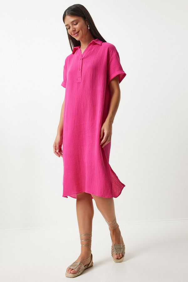 Happiness İstanbul Happiness İstanbul Women's Dark Pink Polo Neck Summer Loose Muslin Dress