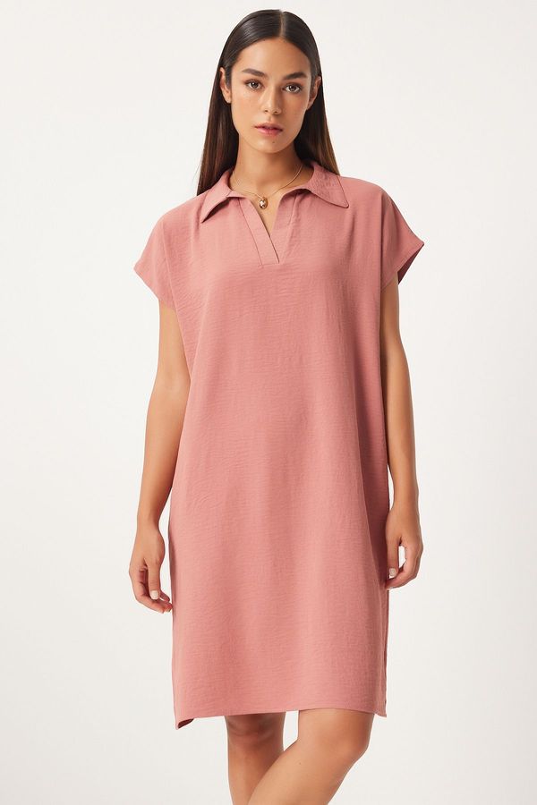 Happiness İstanbul Happiness İstanbul Women's Dusty Rose Polo Neck Summer Loose Linen Ayrobin Dress