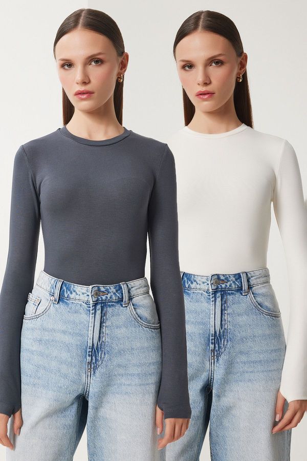 Happiness İstanbul Happiness İstanbul Women's Ecru Anthracite 2-Pack Crew Neck Finger-Slotted Basic Knitted Blouse