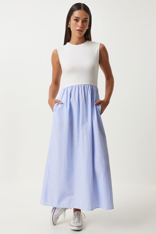 Happiness İstanbul Happiness İstanbul Women's Ecru Blue Knitted Top Striped Summer Poplin A-Line Dress