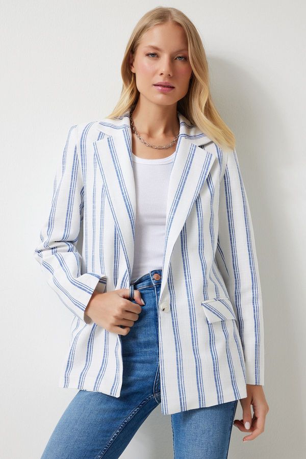 Happiness İstanbul Happiness İstanbul Women's Ecru Blue Striped Padded Linen Blend Blazer Jacket