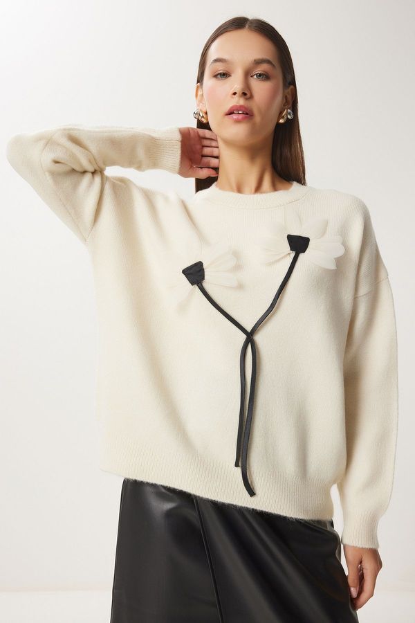 Happiness İstanbul Happiness İstanbul Women's Ecru Floral Detailed Knitwear Sweater