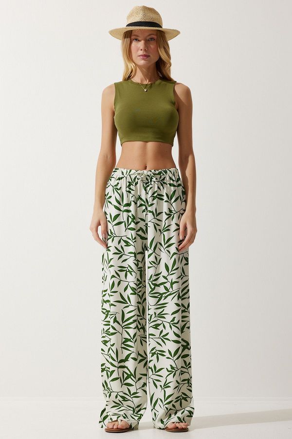 Happiness İstanbul Happiness İstanbul Women's Ecru Green Patterned Flowy Viscose Palazzo Trousers