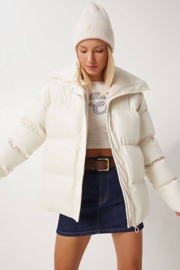 Happiness İstanbul Happiness İstanbul Women's Ecru Stand Collar Faux Leather Puffer Coat