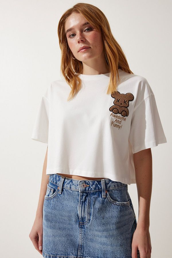 Happiness İstanbul Happiness İstanbul Women's Ecru Teddy Bear Crest Crop Knitted T-Shirt