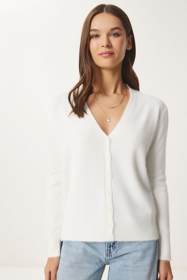 Happiness İstanbul Happiness İstanbul Women's Ecru V-Neck Bearded Seasonal Knitwear Cardigan