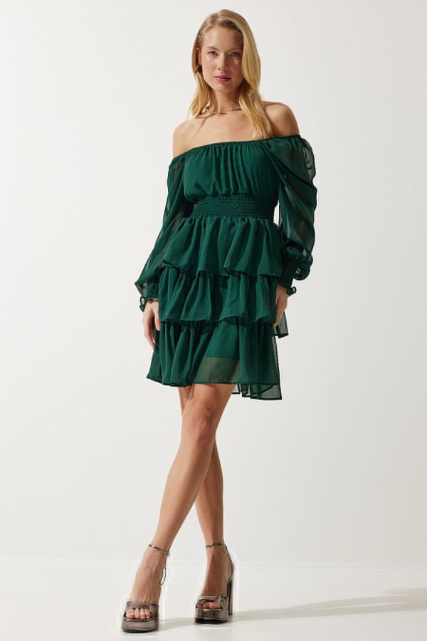 Happiness İstanbul Happiness İstanbul Women's Emerald Green Flounce Chiffon Dress