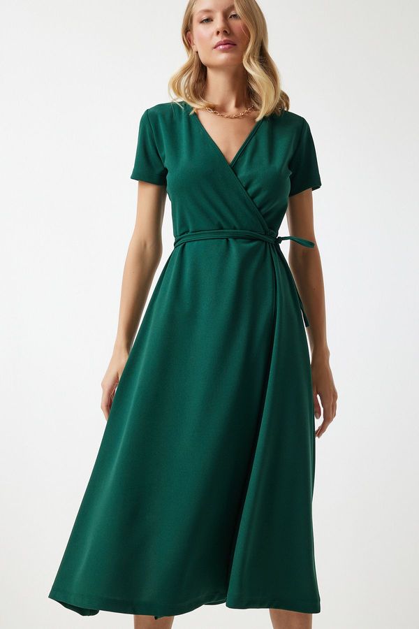 Happiness İstanbul Happiness İstanbul Women's Emerald Green V-Neck Wrap Midi Knitted Dress