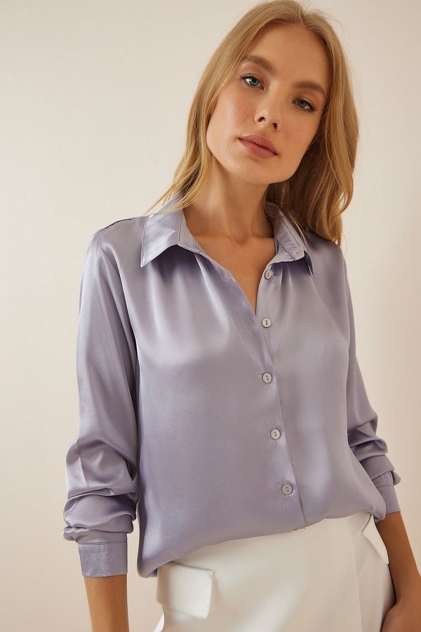 Happiness İstanbul Happiness İstanbul Women's Gray Lightly Draped Satin Surface Shirt