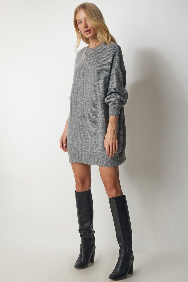 Happiness İstanbul Happiness İstanbul Women's Gray Oversize Long Basic Knitwear Sweater