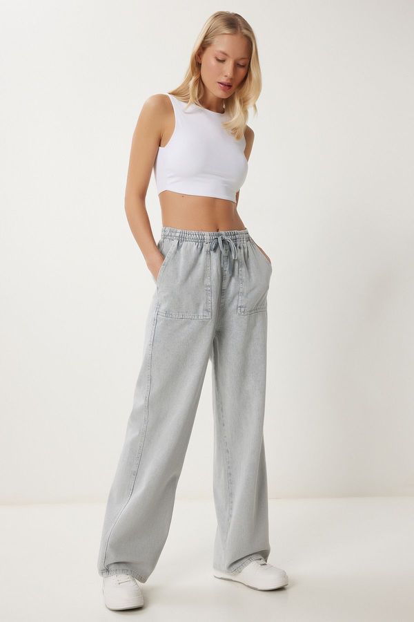 Happiness İstanbul Happiness İstanbul Women's Gray Pale Effect Wide Leg Denim Palazzo Trousers