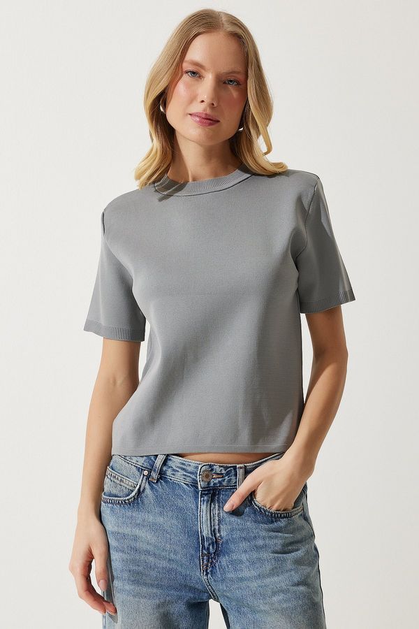 Happiness İstanbul Happiness İstanbul Women's Gray Short Sleeve Knitwear Blouse