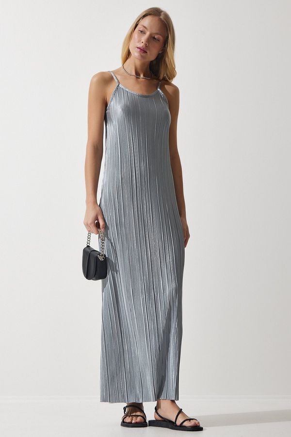 Happiness İstanbul Happiness İstanbul Women's Gray Strappy Summer Pleated Dress