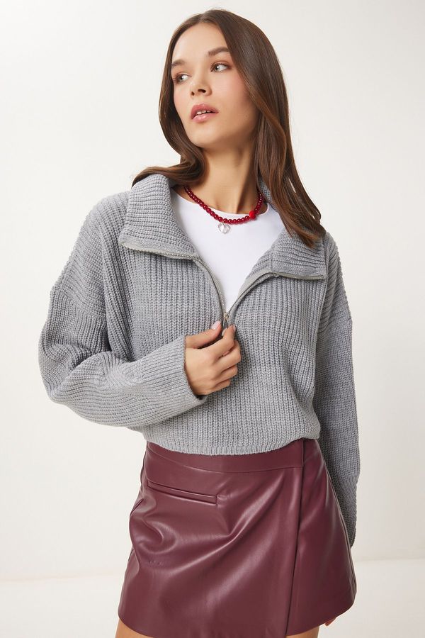 Happiness İstanbul Happiness İstanbul Women's Gray Zip Turtleneck Knitwear Sweater