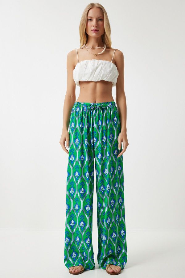 Happiness İstanbul Happiness İstanbul Women's Green Blue Patterned Loose Viscose Palazzo Trousers