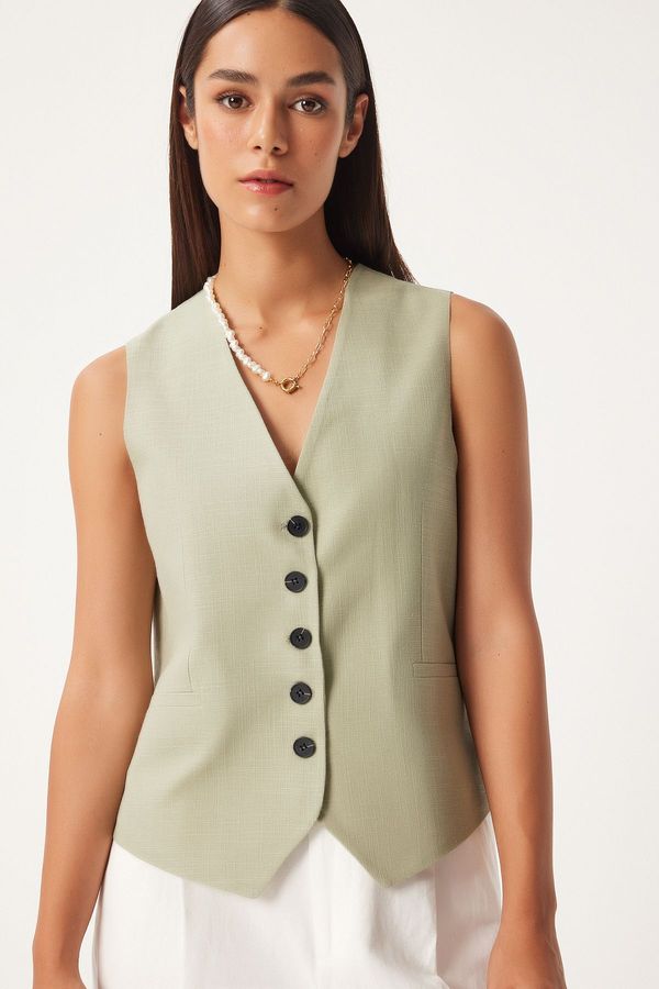 Happiness İstanbul Happiness İstanbul Women's Green Button-Closed Linen Vest