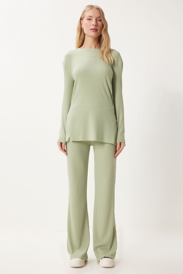 Happiness İstanbul Happiness İstanbul Women's Green Comfortable Corduroy Knitted Blouse Trousers Set