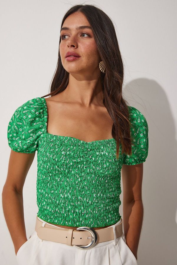 Happiness İstanbul Happiness İstanbul Women's Green Floral Pleated Carmen Collar Crop Knitted