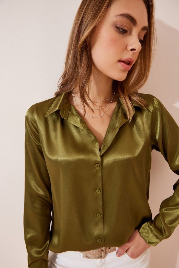 Happiness İstanbul Happiness İstanbul Women's Green Lightly Draped Satin Surface Shirt