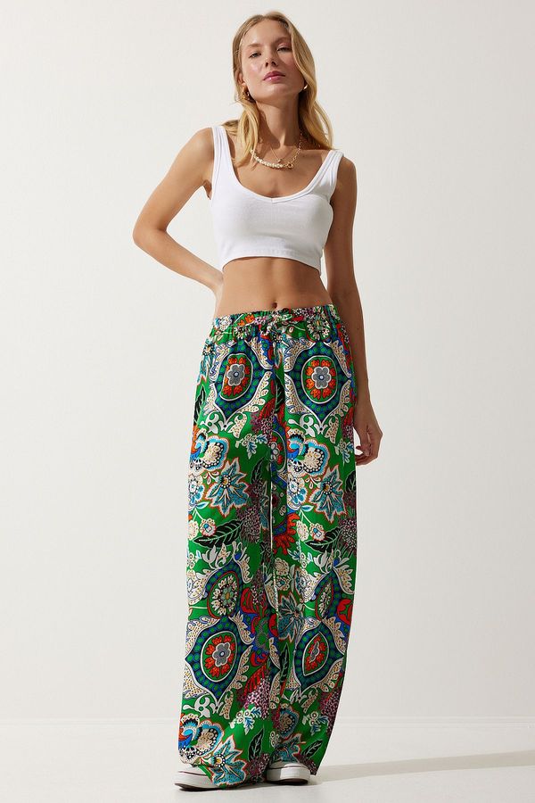 Happiness İstanbul Happiness İstanbul Women's Green Orange Patterned Flowing Viscose Palazzo Trousers