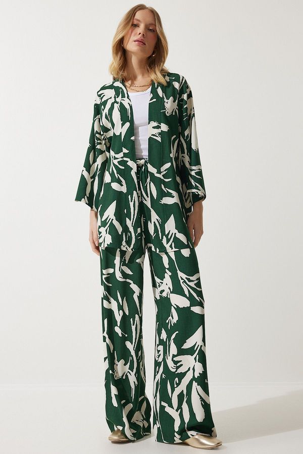 Happiness İstanbul Happiness İstanbul Women's Green Patterned Kimono Palazzo Trousers Set