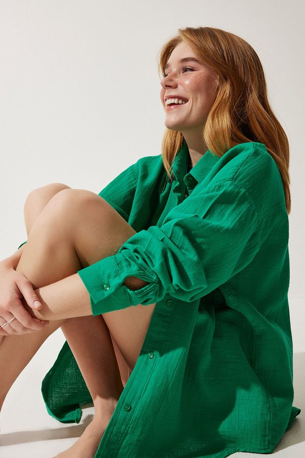 Happiness İstanbul Happiness İstanbul Women's Green Pocket Oversize Muslin Shirt