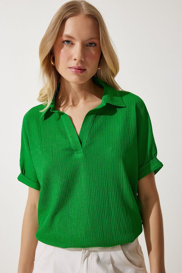 Happiness İstanbul Happiness İstanbul Women's Green Polo Neck Knitted Crinkle Blouse