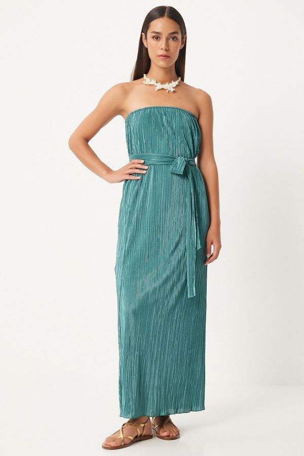 Happiness İstanbul Happiness İstanbul Women's Green Strapless Belted Pleated Dress