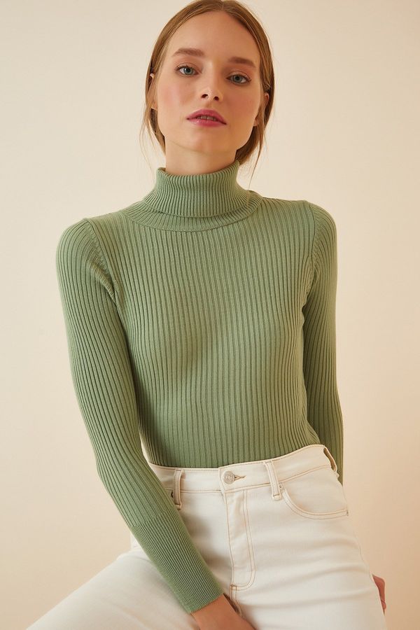 Happiness İstanbul Happiness İstanbul Women's Green Turtleneck Corduroy Lycra Sweater