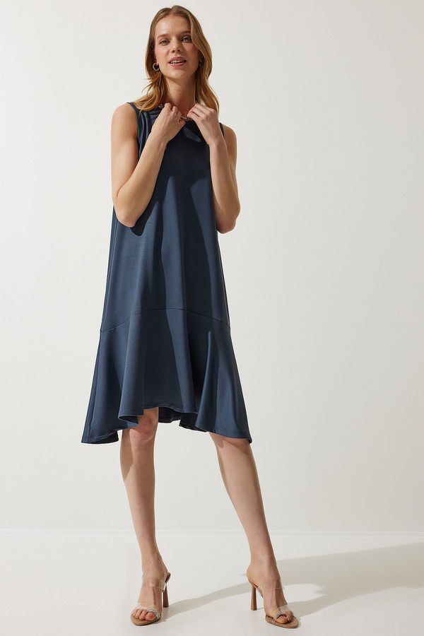 Happiness İstanbul Happiness İstanbul Women's Indigo Blue Crew Neck Knitted Flounce A-Line Dress