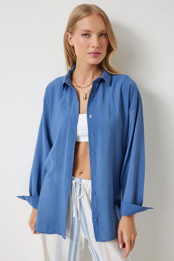 Happiness İstanbul Happiness İstanbul Women's Indigo Blue Oversize Long Linen Ayrobin Shirt