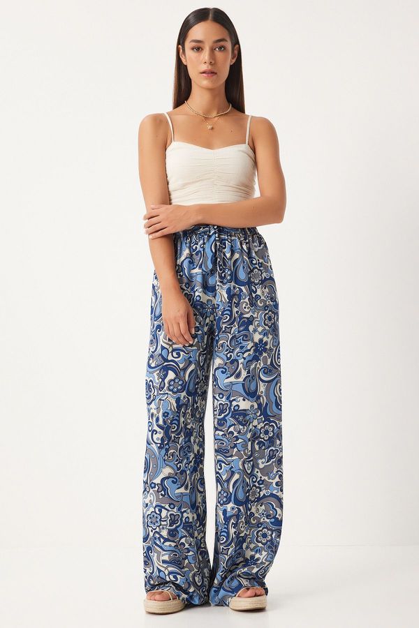 Happiness İstanbul Happiness İstanbul Women's Indigo Blue Patterned Loose Viscose Palazzo Trousers