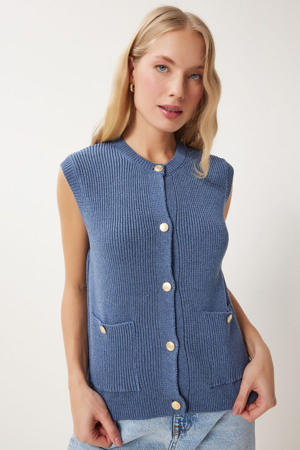 Happiness İstanbul Happiness İstanbul Women's Indigo Blue Stylish Buttoned Pocket Knitwear Vest