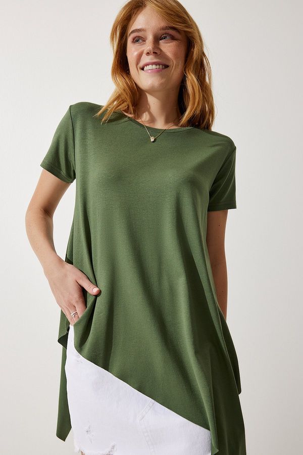 Happiness İstanbul Happiness İstanbul Women's Khaki Asymmetric Viscose Knitted T-shirt