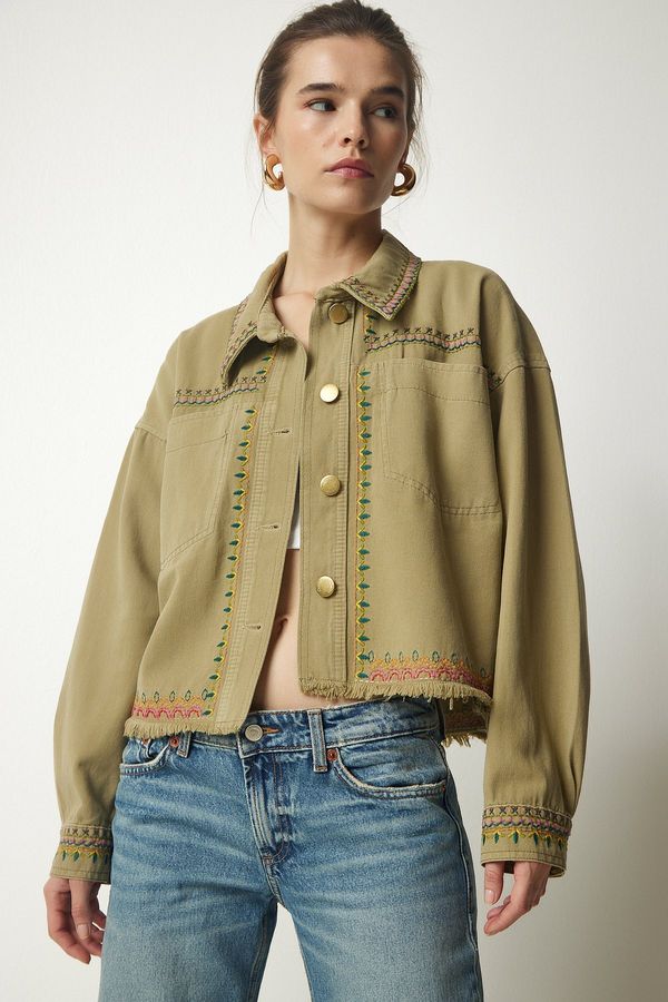 Happiness İstanbul Happiness İstanbul Women's Khaki Embroidered Tasseled Oversize Denim Jacket