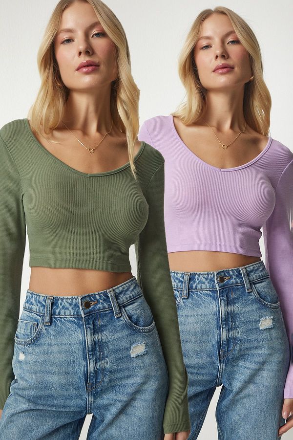 Happiness İstanbul Happiness İstanbul Women's Khaki Lilac V Neck 2 Pack Crop Blouse